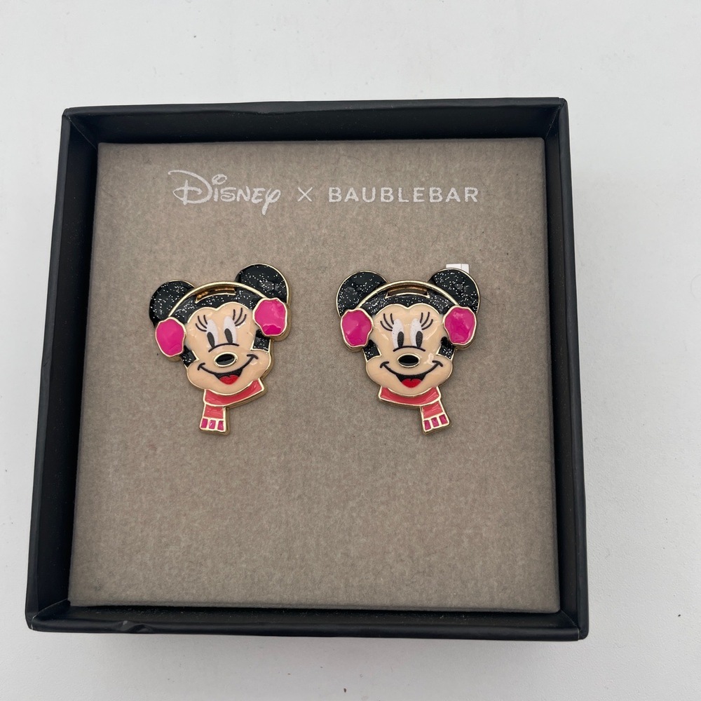 New Disney X BaubleBar Minnie Mouse Stud Earringsβ Pink Black Glitter winter